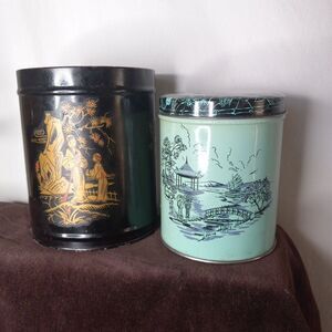 VTG Cherrydale Farms Japanese Art Tin - + Black Tin with Asian Theme 2 Tins